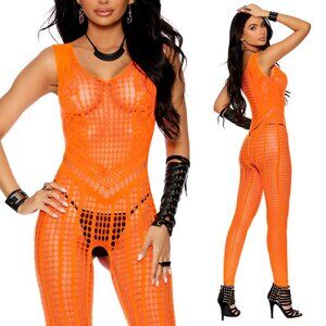 🔥NEW Neon Orange Crochet Crotchless Bodystocking Lingerie